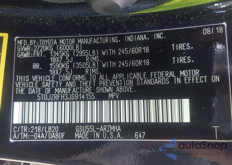 2018 Toyota Highlander Xle from USA, damaged, VIN 5TDJZRFH3JS914155